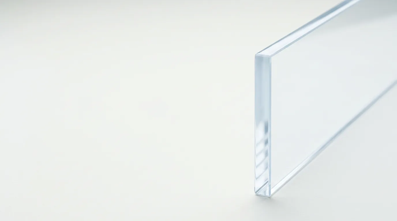 Close view of the thick polished edge of a clear acrylic sheet standing on a pale surface